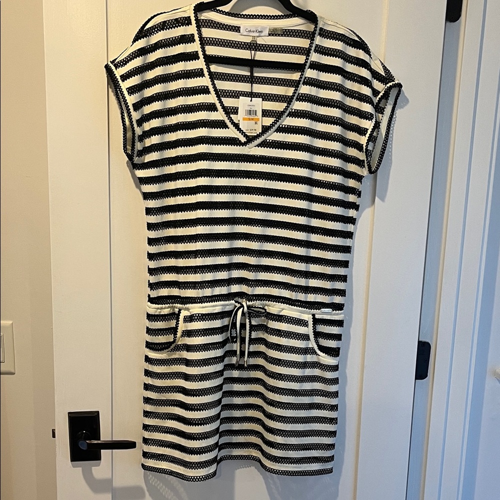 Calvin Klein Collection Black and White Striped Swim Coverup